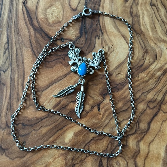Vintage 925 Navajo Bird Pendant with Feathers and Blue Stone - Picture 2 of 7